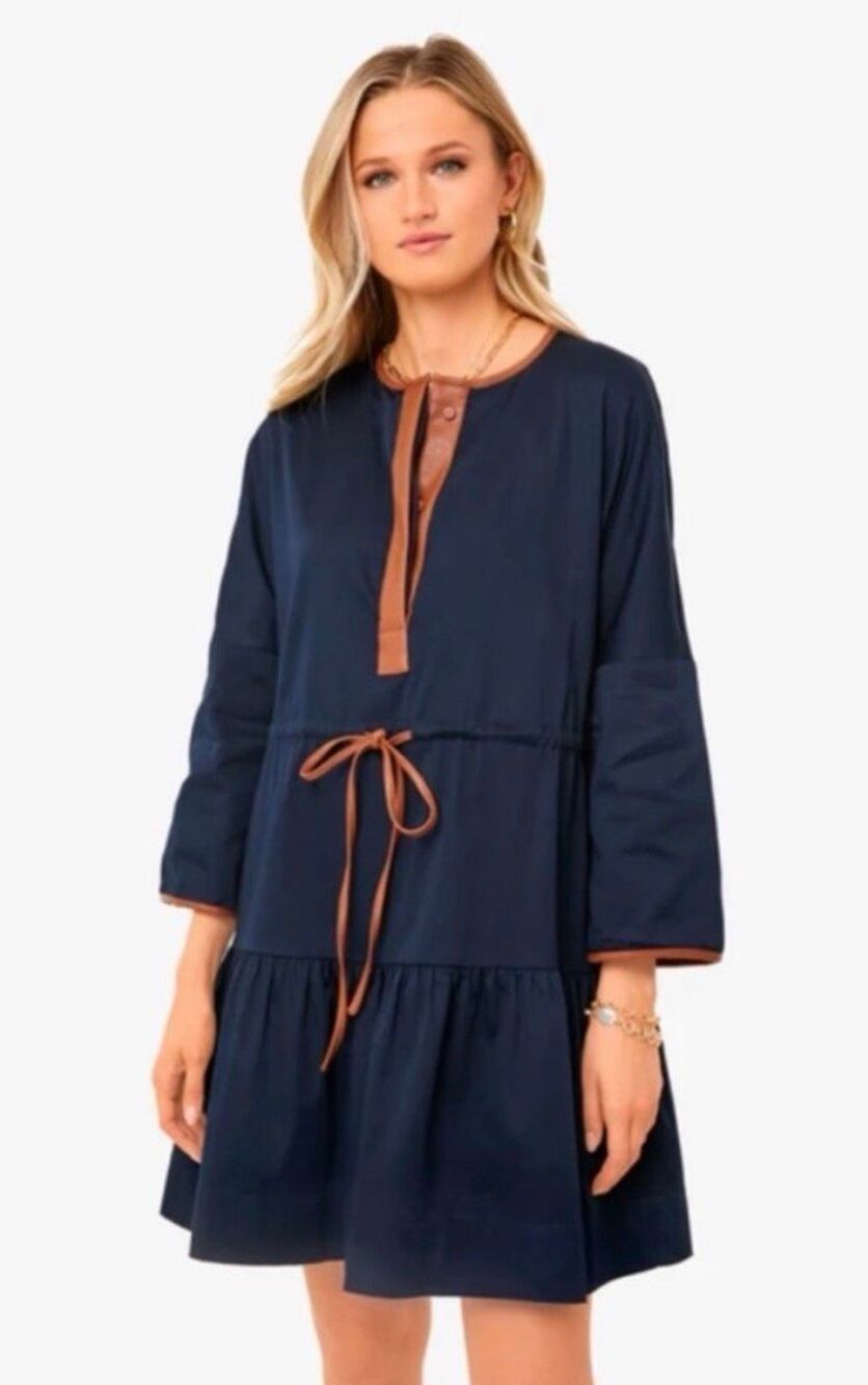 Tuckernuck Lucy Navy Leather Tiered Long Sleeve Mini Dress Size S